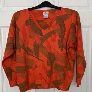 Berek Orange V-Neck Sweater with Brown Abstract Print